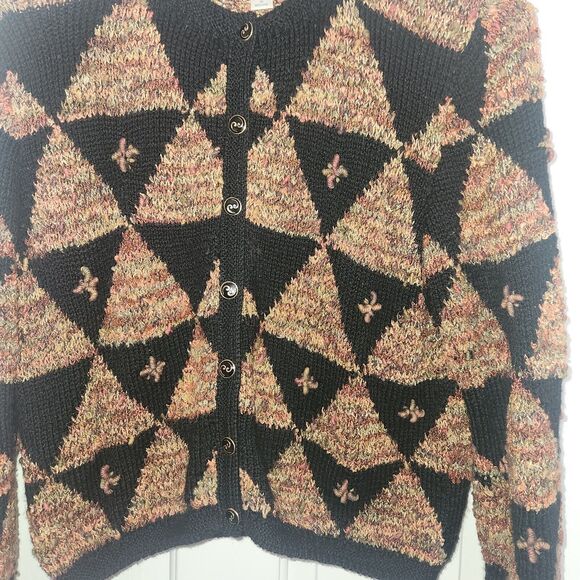 VTG SOUTH WOOL Hand Knit Bolivia Sweater Black Colorful Geo Cardigan Buttons L - Picture 3 of 6